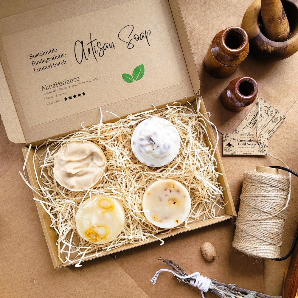 Artisan Four Soap Selection: Organic Garden Sage, Cheshire Raspberry, Ginger root & French Yellow Clay, Organic Cucumber